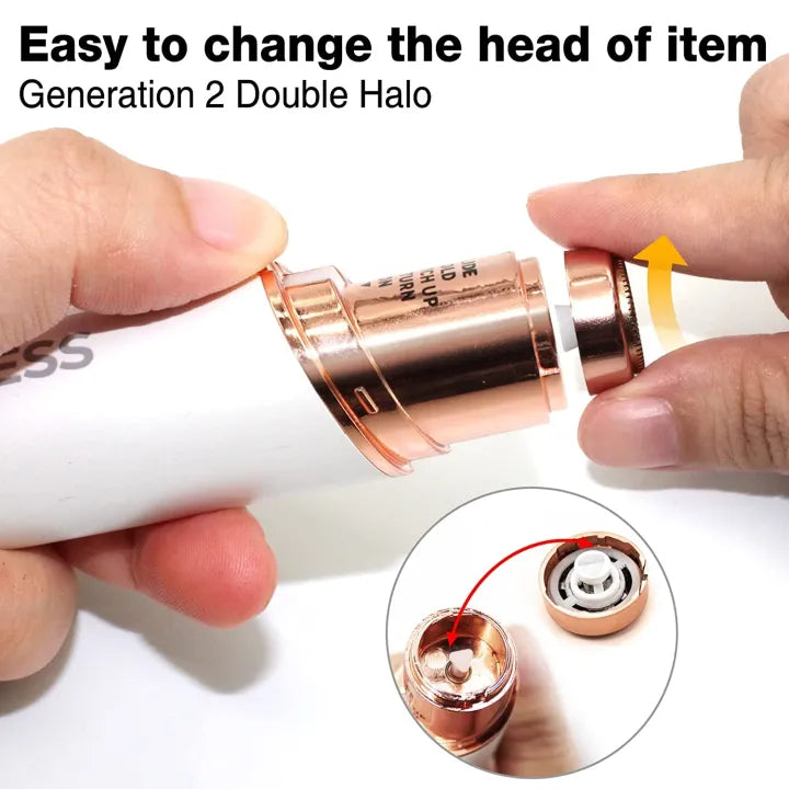 Hands changing the head of a device labeled 'Generation 2 Double Halo' on a white background.