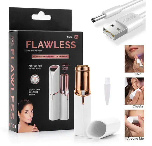 Flawless facial hair remover with packaging, USB cable, and usage examples.