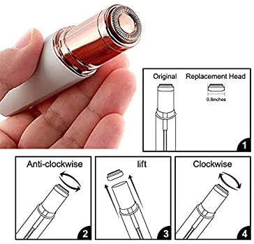 Hand holding a white electric shaver with diagrams showing how to change the replacement head.