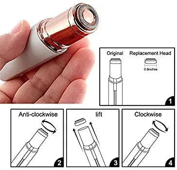 Hand holding a white electric shaver with diagrams showing how to change the replacement head.